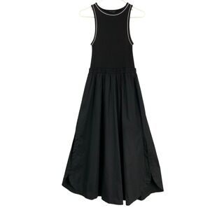 ZARA Black Ribbed Tank Dress with Gathered Skirt Side Slits Size S Pullover